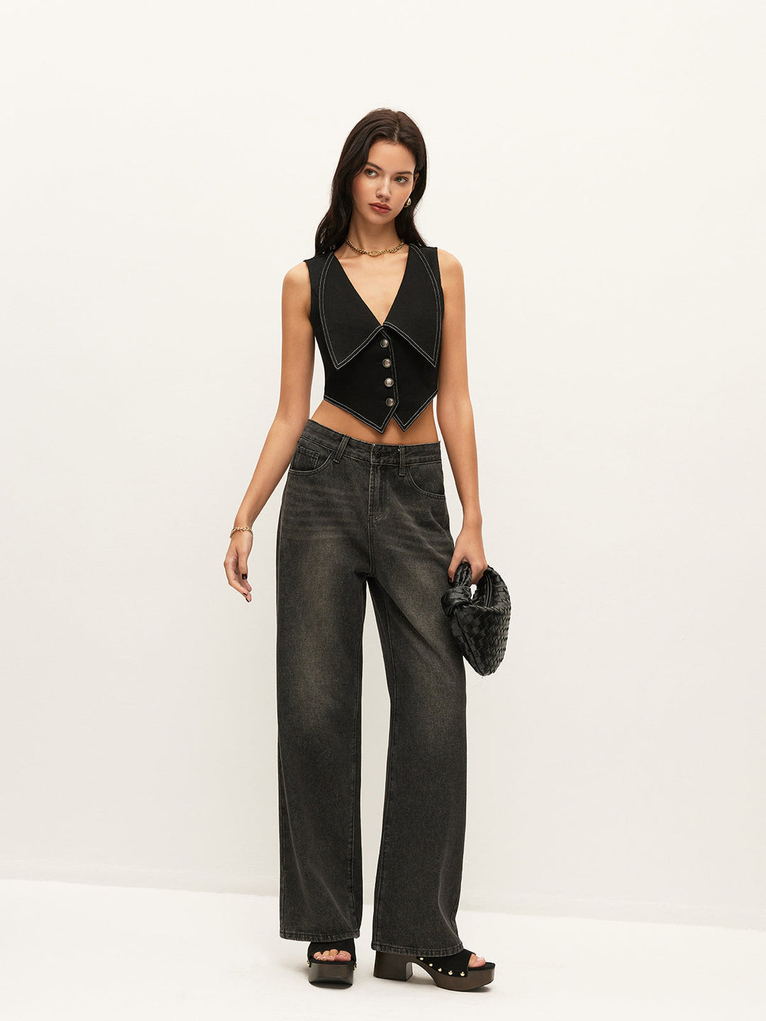 Yakalı Düğmeli Kot Üst