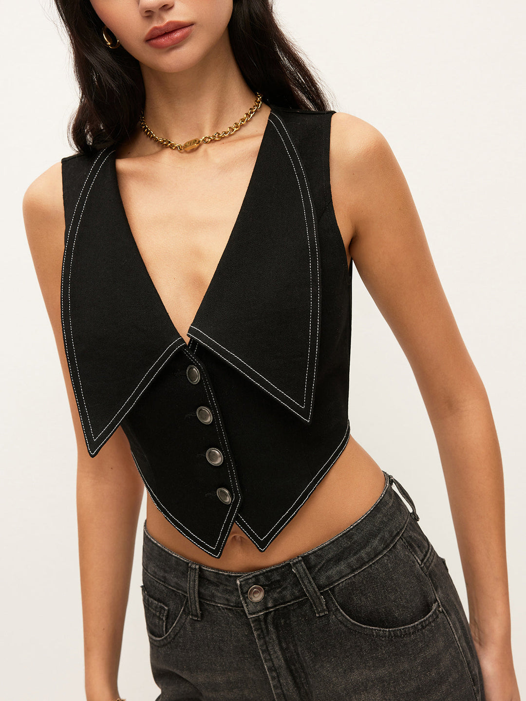 Yakalı Düğmeli Kot Üst