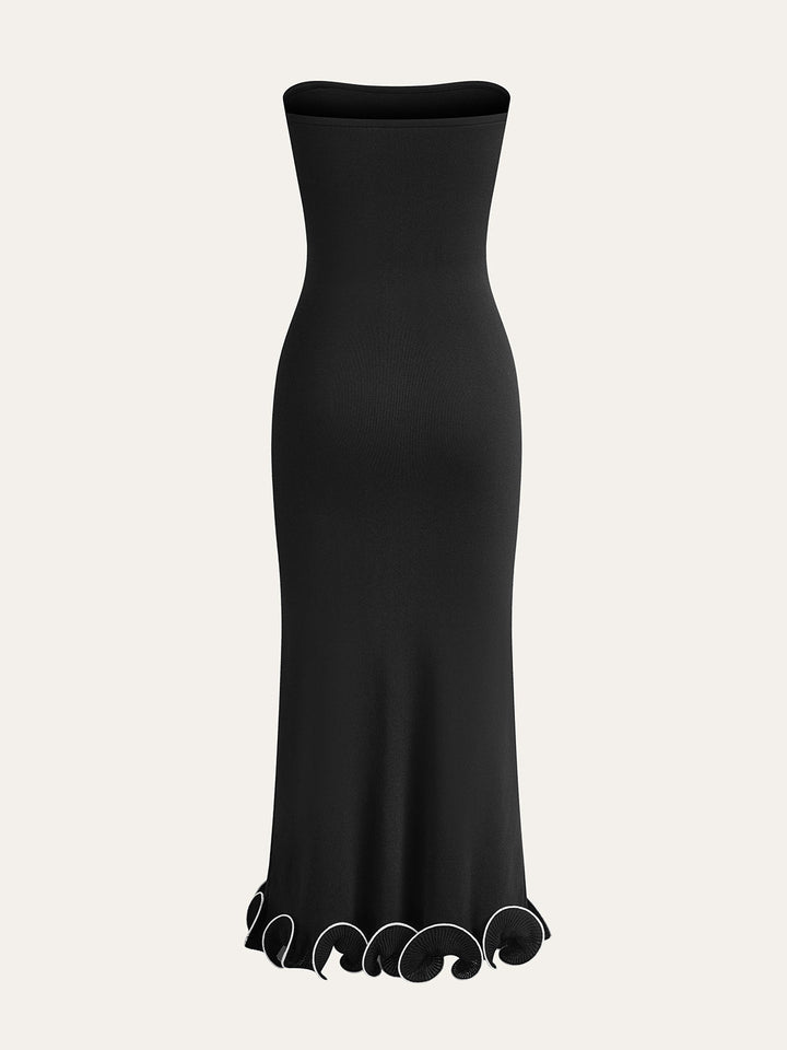 Soğuk Omuzlu Örgü Volanlı Elbise