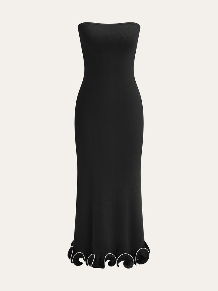 Soğuk Omuzlu Örgü Volanlı Elbise