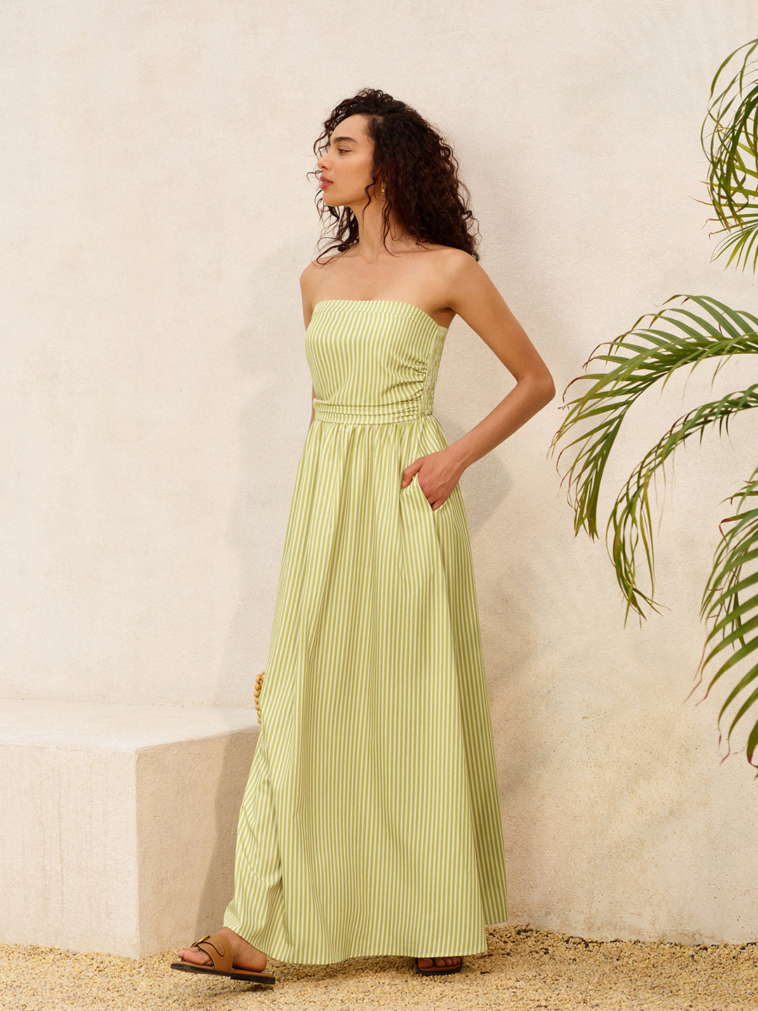 Çizgili Askısız Cepli Elbise