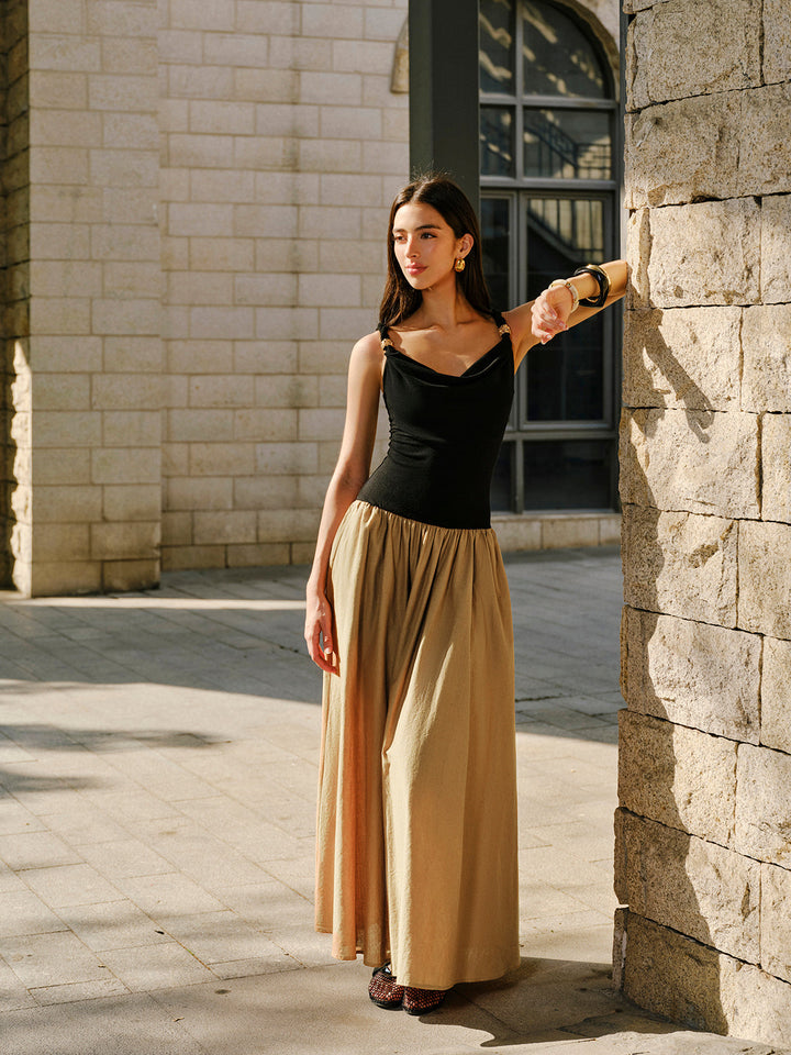 Keten Ve Pamuk Panel Kapşonlu Yaka Metal Detaylı Kolsuz Elbise