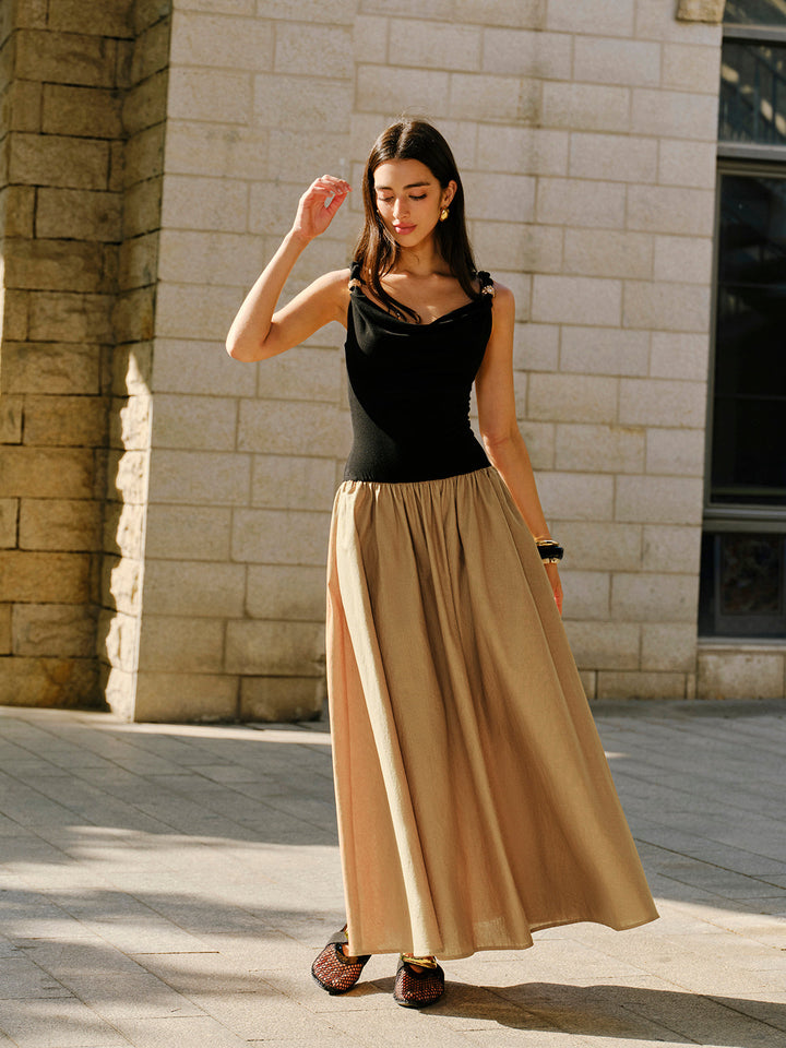 Keten Ve Pamuk Panel Kapşonlu Yaka Metal Detaylı Kolsuz Elbise