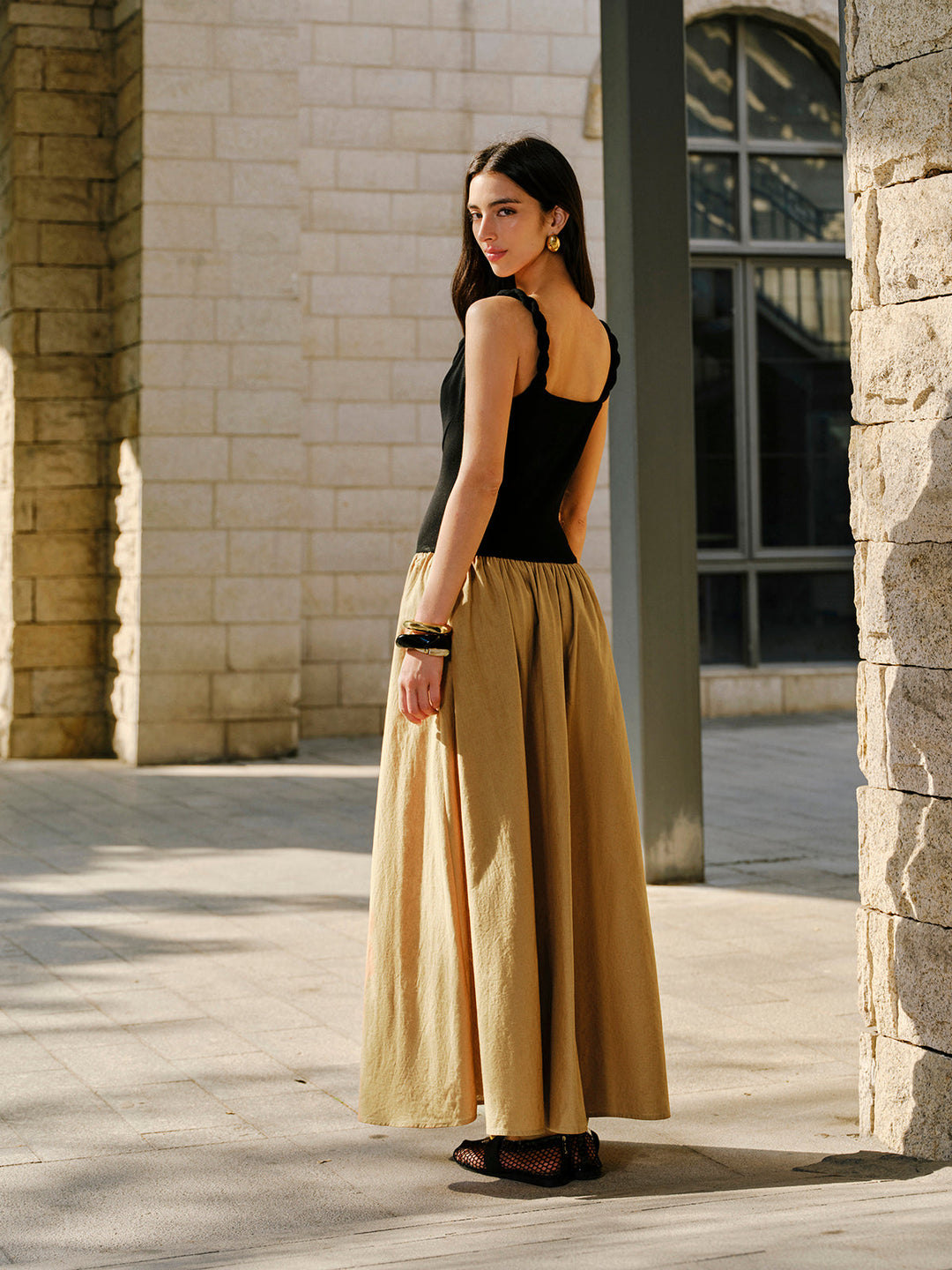 Keten Ve Pamuk Panel Kapşonlu Yaka Metal Detaylı Kolsuz Elbise