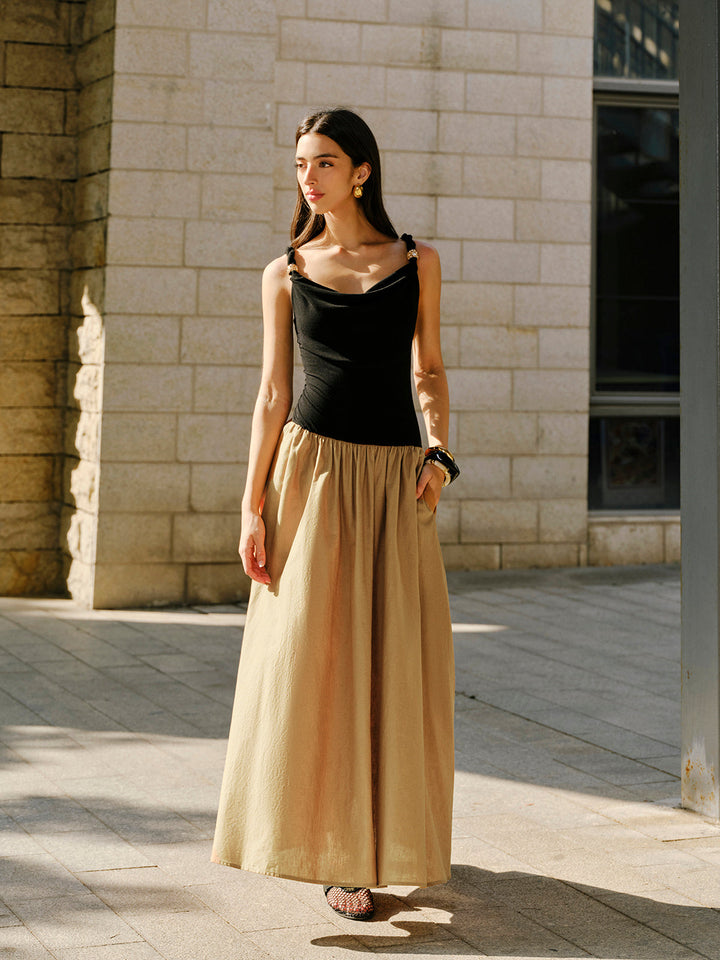 Keten Ve Pamuk Panel Kapşonlu Yaka Metal Detaylı Kolsuz Elbise