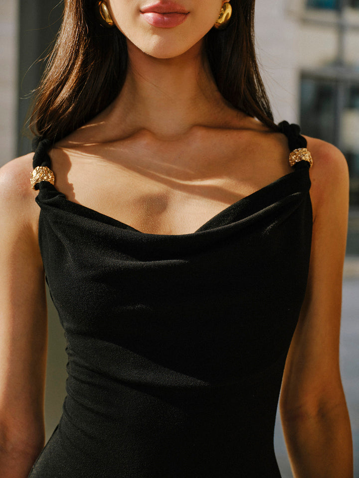 Keten Ve Pamuk Panel Kapşonlu Yaka Metal Detaylı Kolsuz Elbise