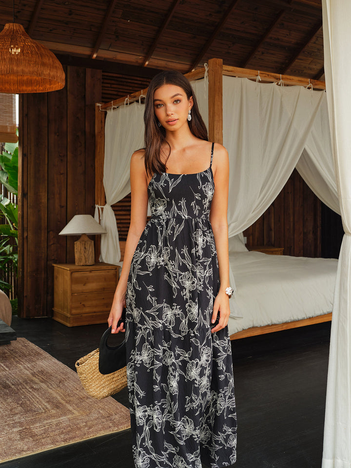 Sırtı Açık Çiçek Desenli Askılı Elbise