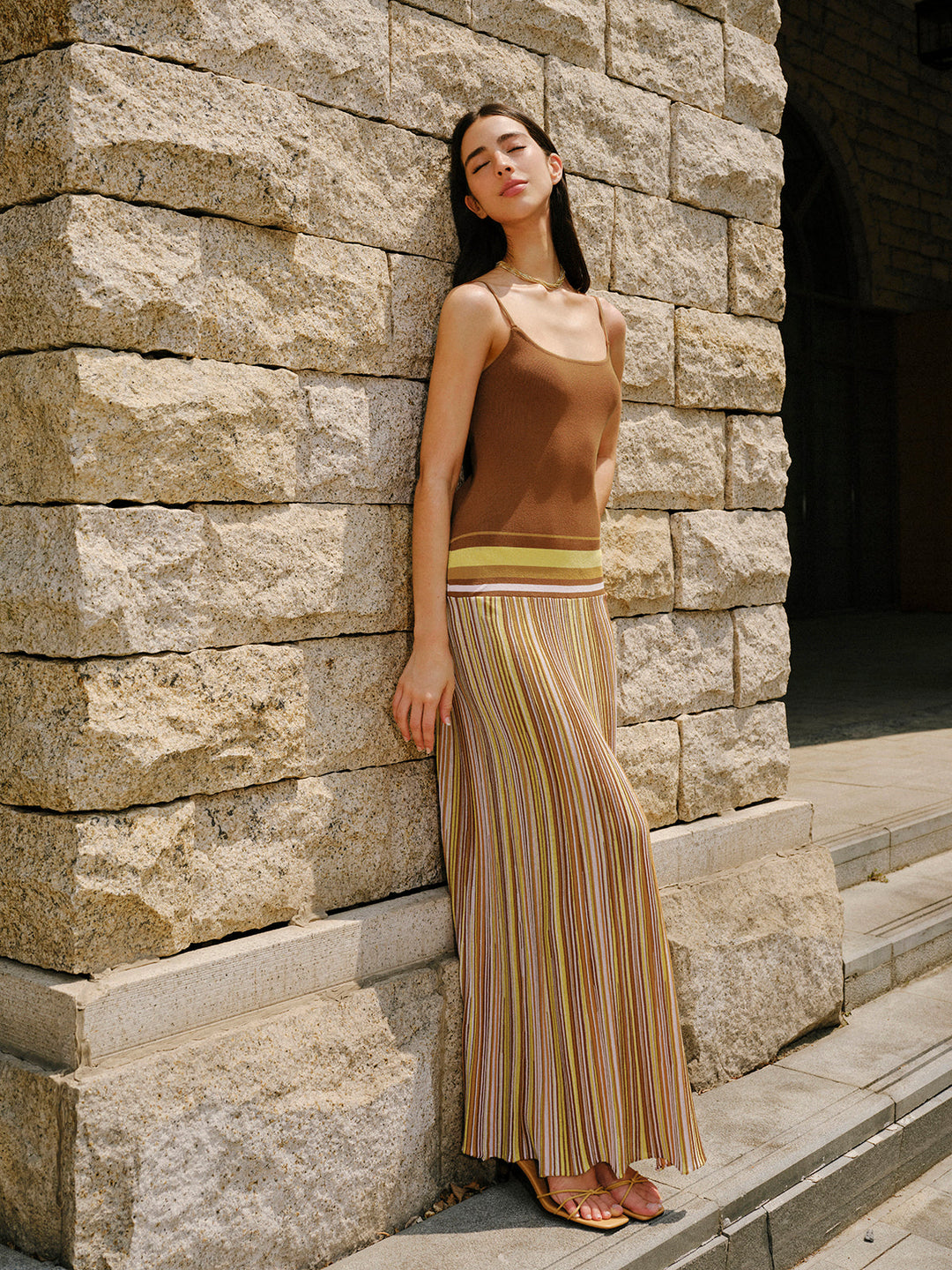 Çizgili Örgü Askılı Elbise