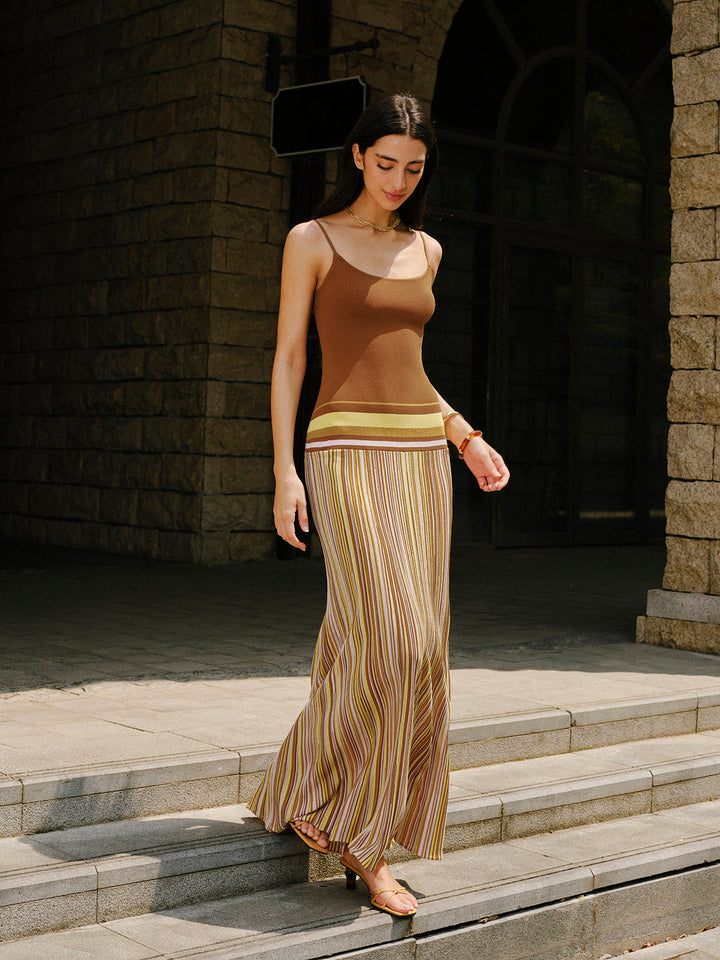 Çizgili Örgü Askılı Elbise