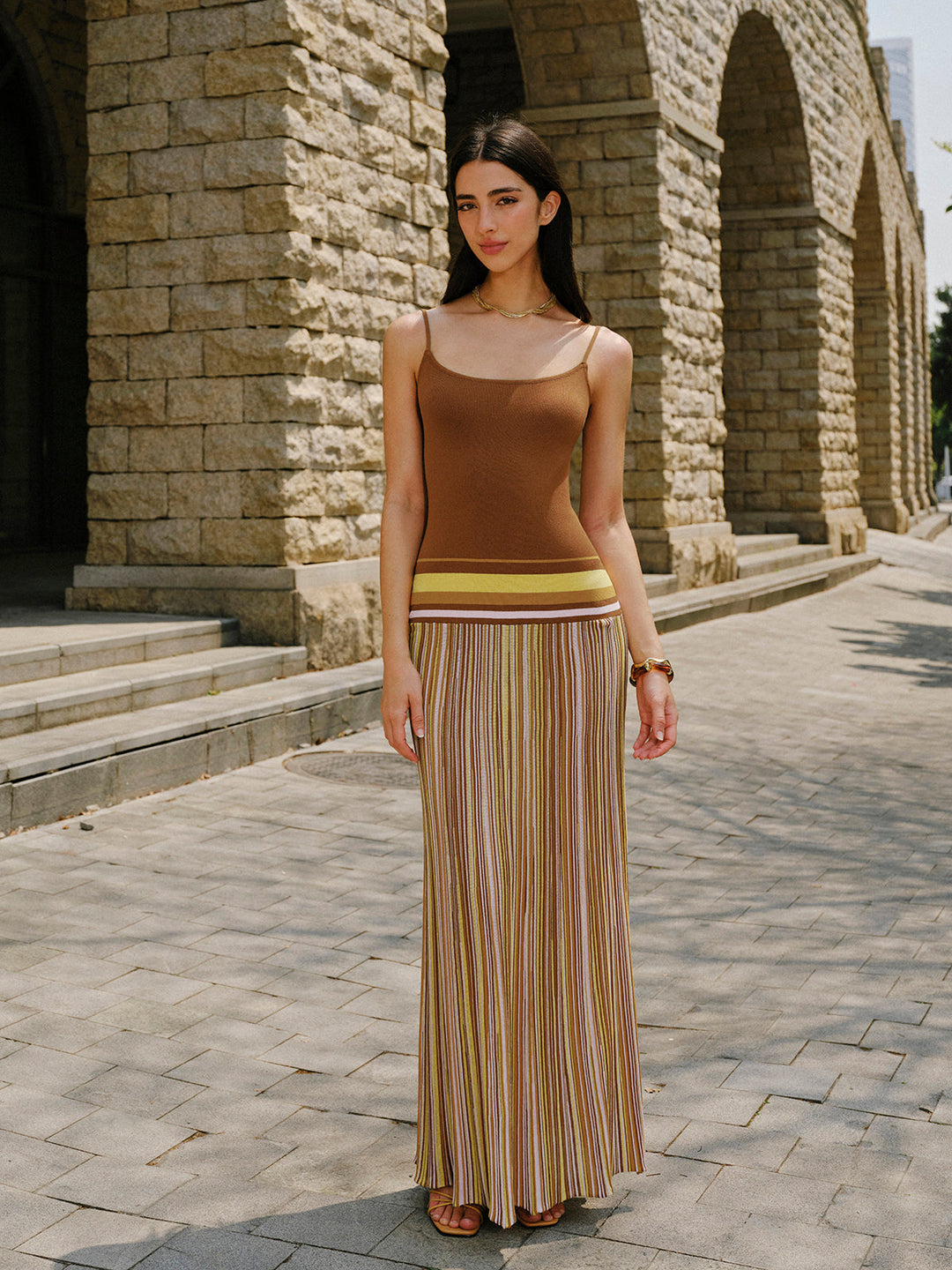 Çizgili Örgü Askılı Elbise