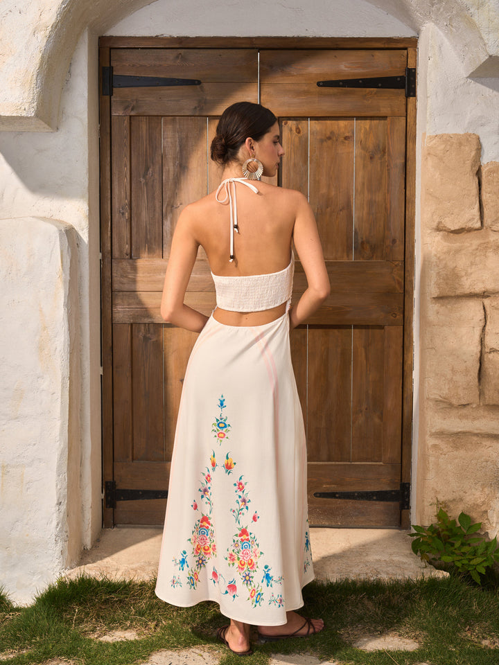 Çiçek Desenli Sırtı Açık Askılı Elbise