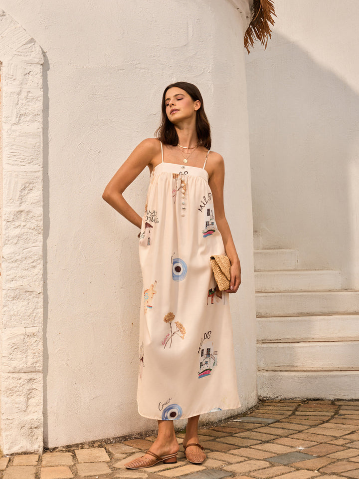 Grafik Baskılı Önden Bağcıklı Askılı Elbise