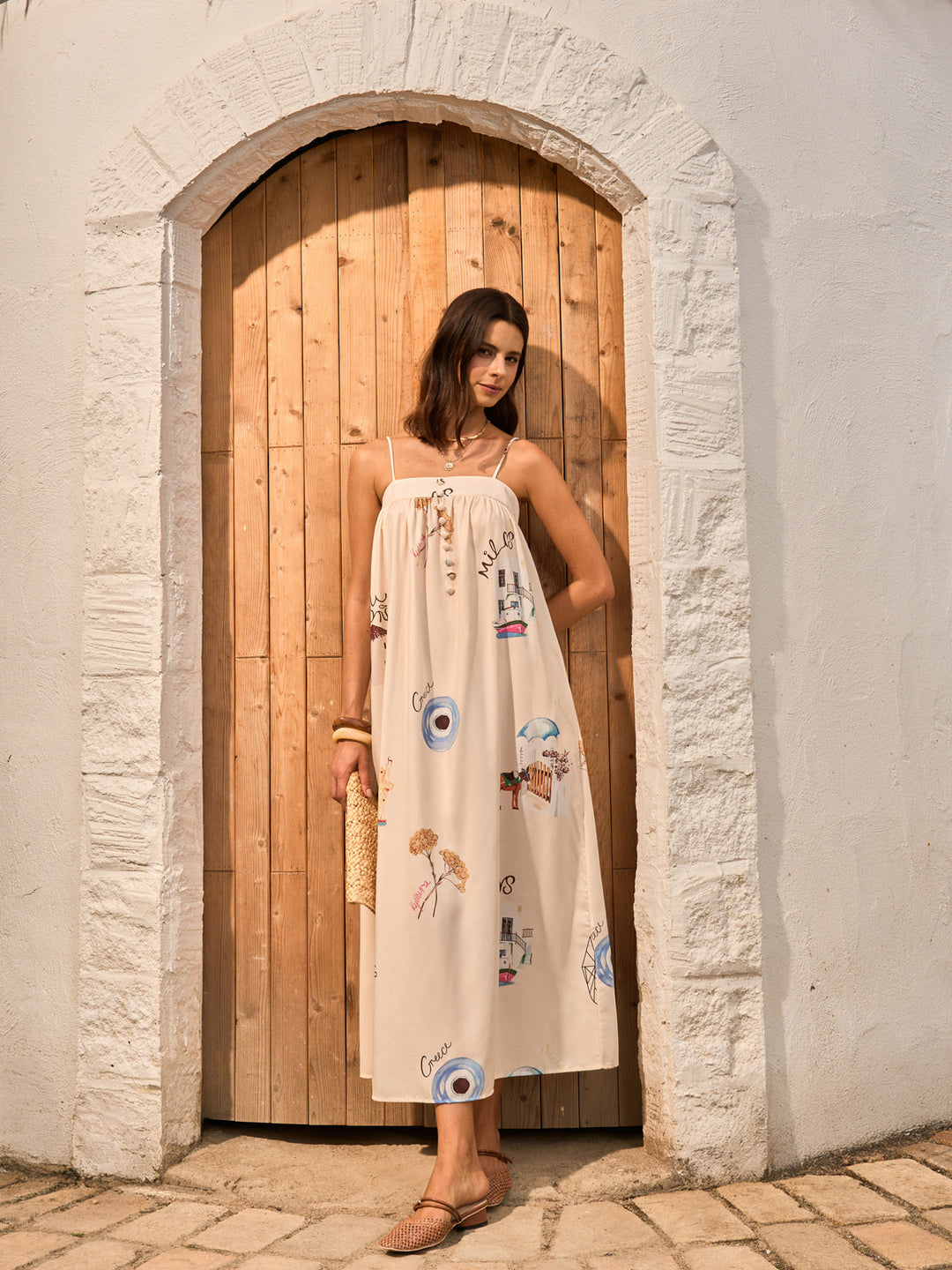 Grafik Baskılı Önden Bağcıklı Askılı Elbise