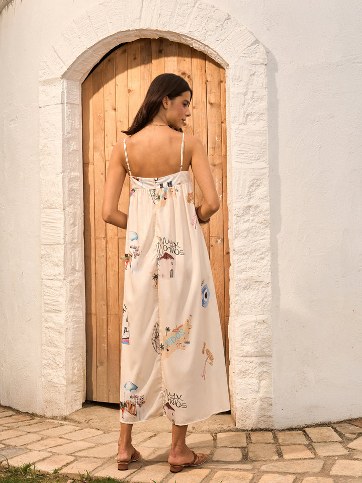 Grafik Baskılı Önden Bağcıklı Askılı Elbise