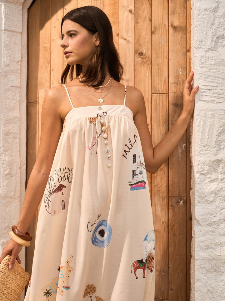 Grafik Baskılı Önden Bağcıklı Askılı Elbise