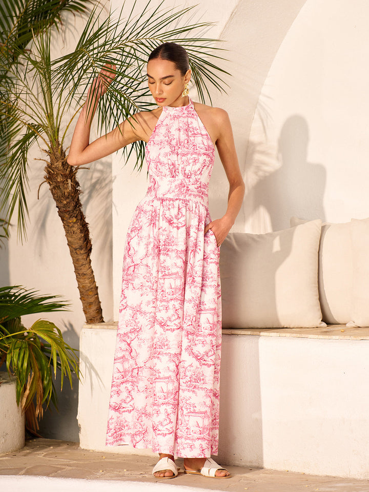 Halter Yaka Baskılı Sırtı Açık Cepli Elbise