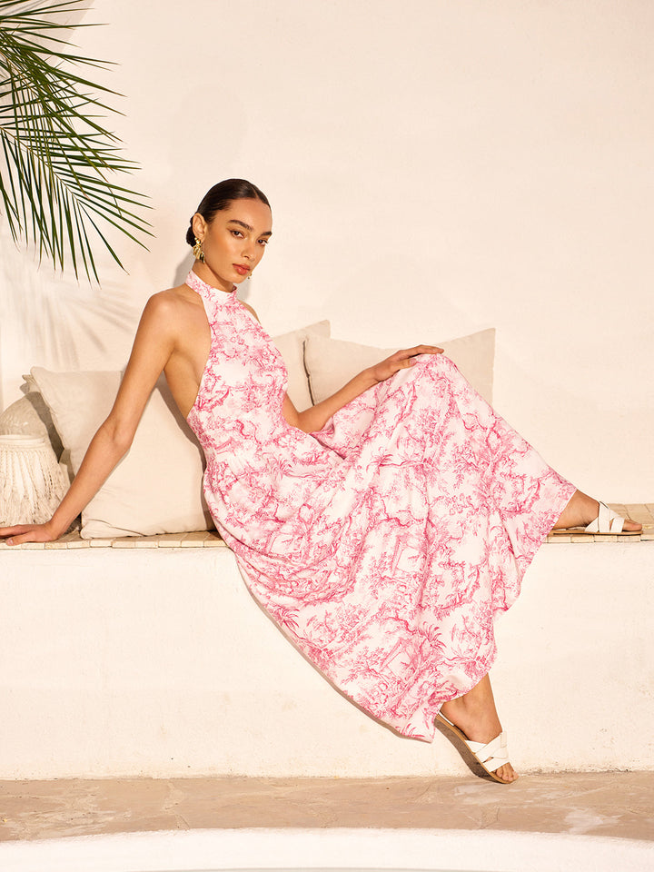 Halter Yaka Baskılı Sırtı Açık Cepli Elbise