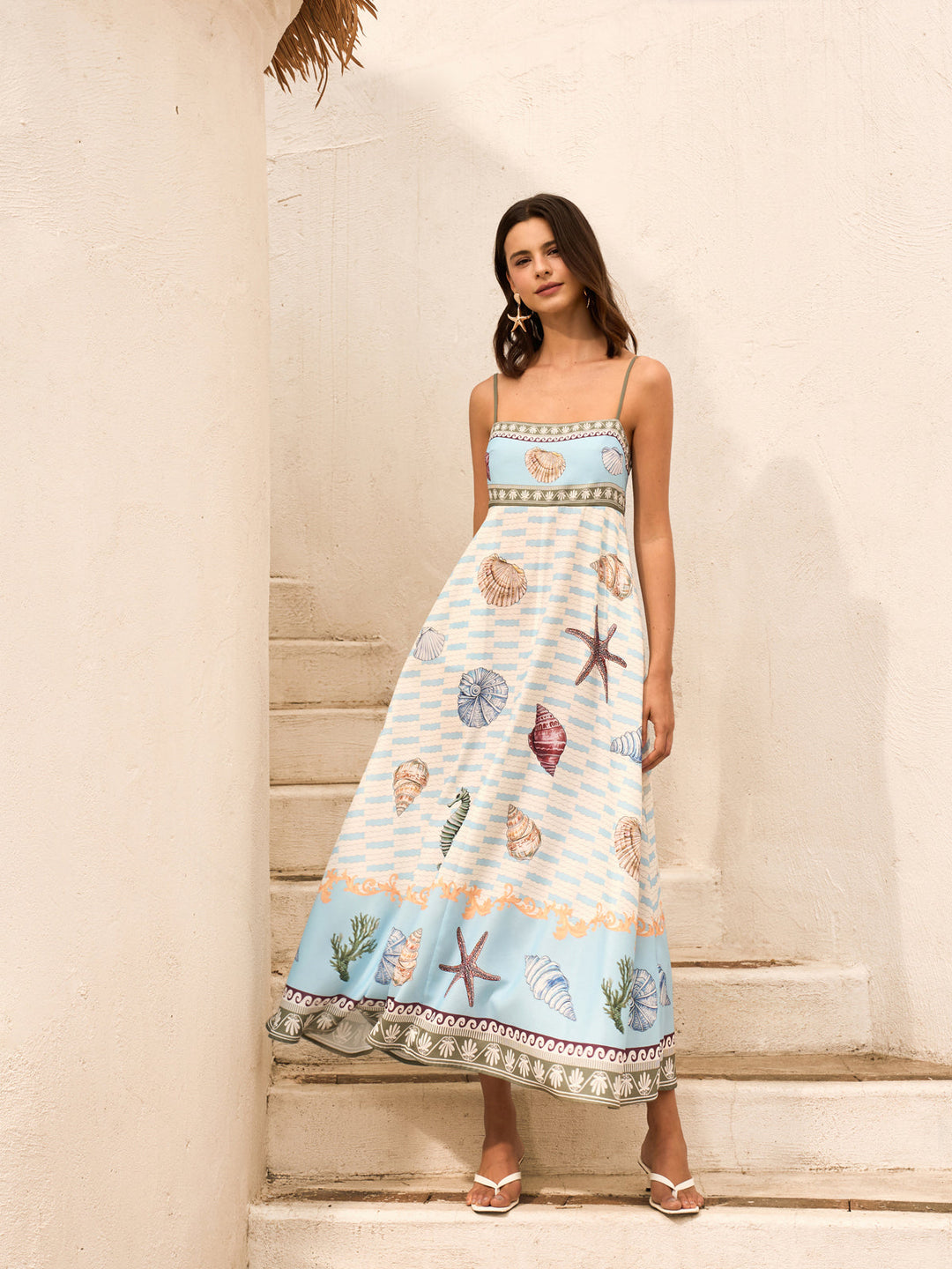 Deniz Kabuğu Desenli Cepli Atlet Elbise