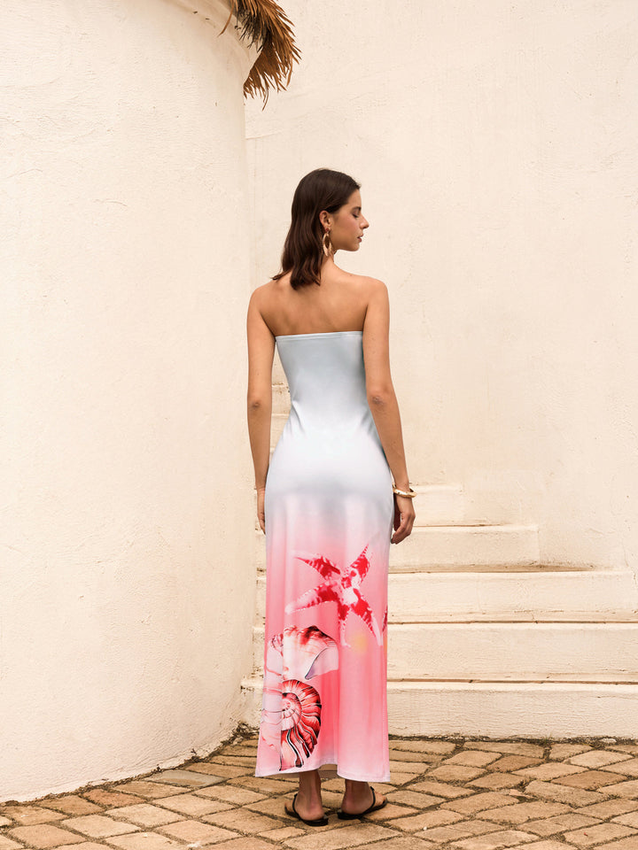 Kabuk Desenli Straplez Degrade Elbise