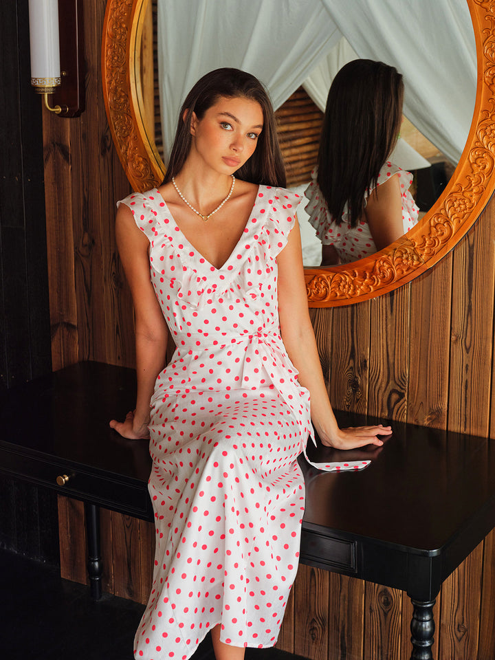 Polka Dot Volanlı Bağcıklı Bel Elbise