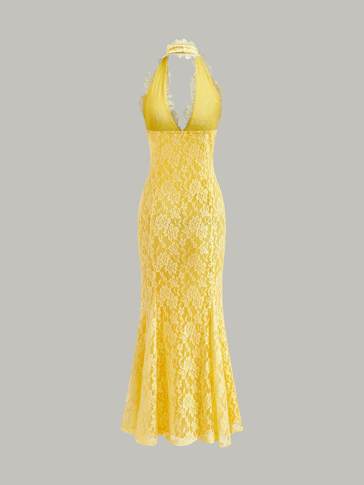 Halter Yaka Çiçekli Dantel Elbise