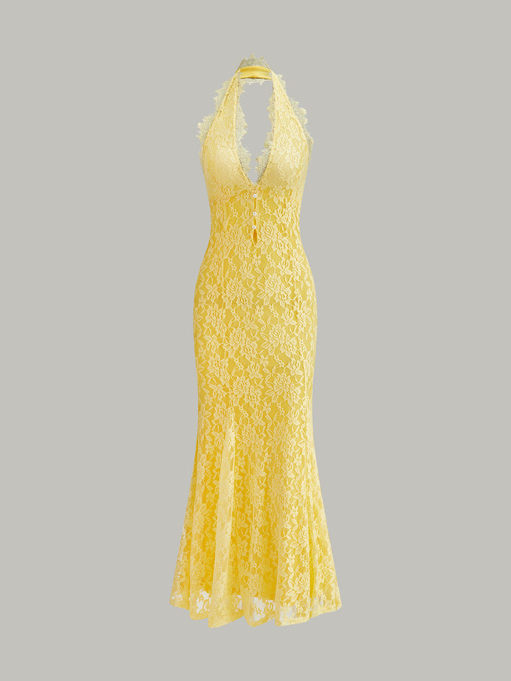 Halter Yaka Çiçekli Dantel Elbise