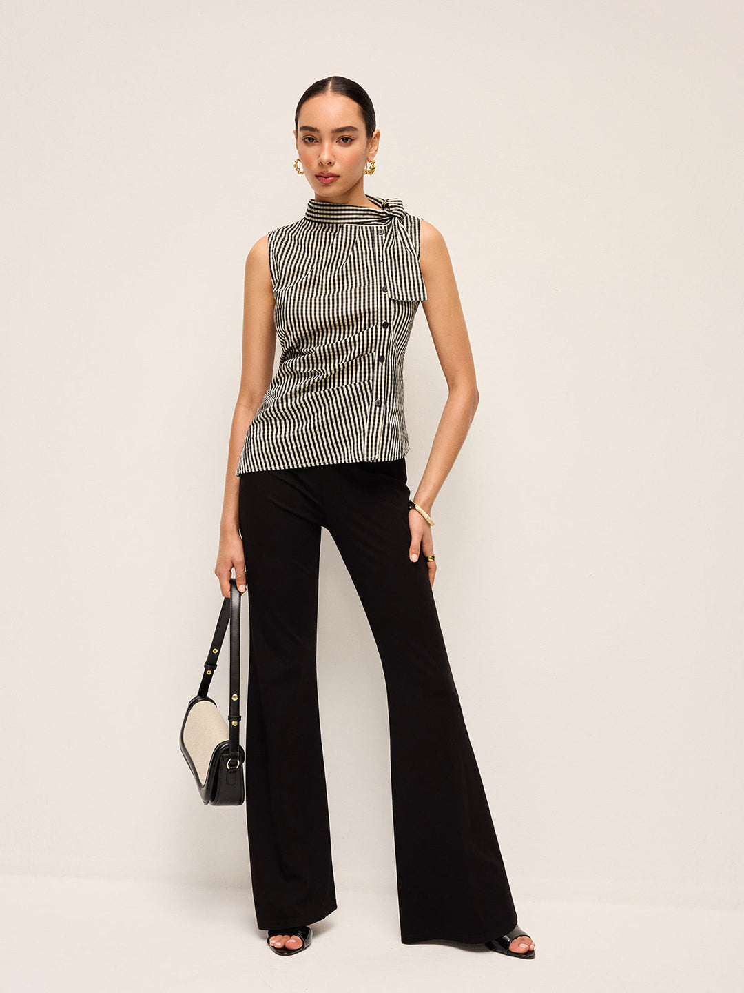 Asimetrik Yaka Gingham Düğmeli Üst