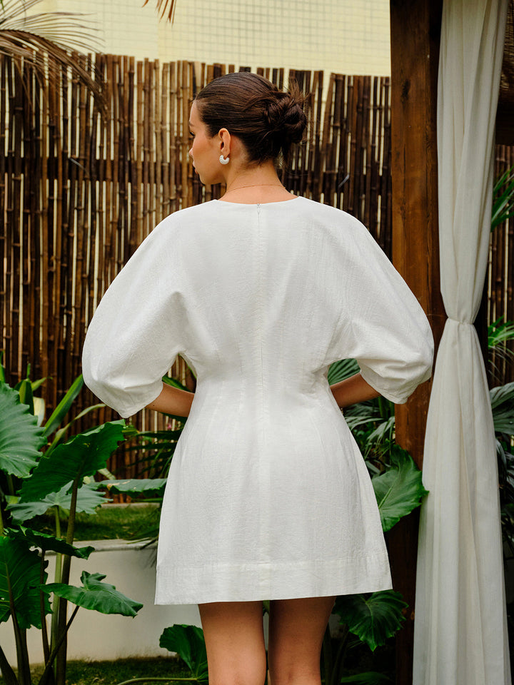 Pamuk-Keten Karışımı V Yaka Puf Kollu Elbise
