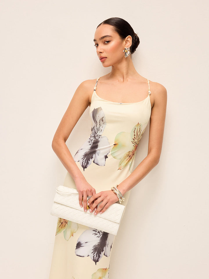 Sırtı Açık Bağcıklı Çiçekli Elbise