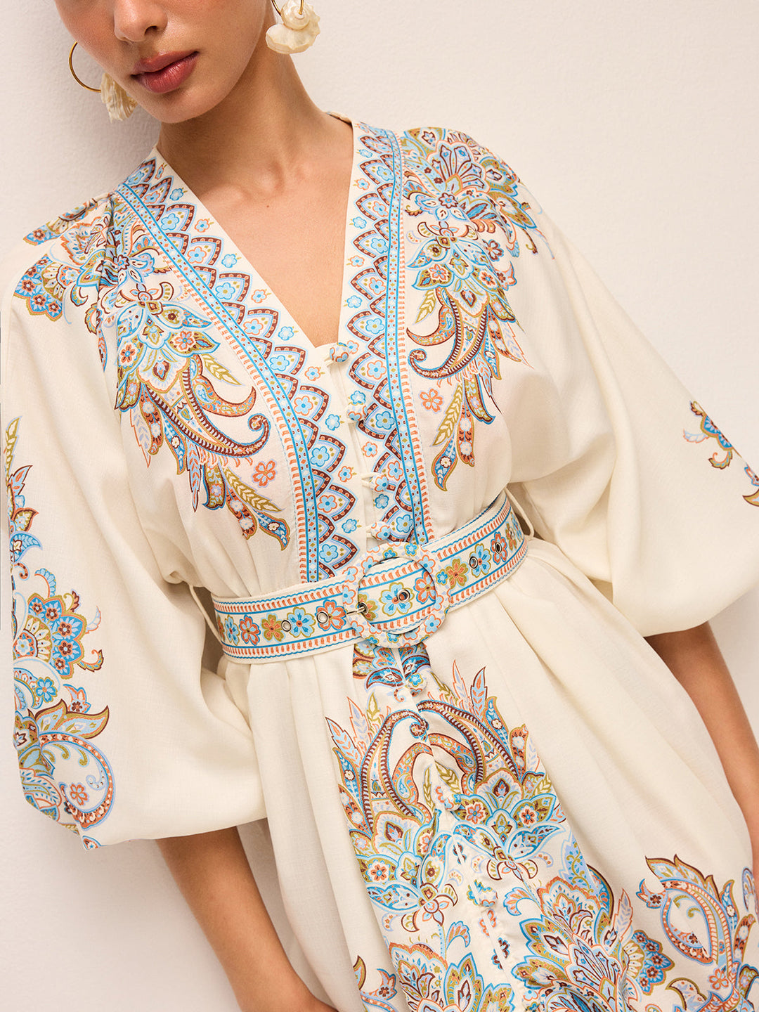 Boho Kemerli V Yakalı Balon Kollu Elbise