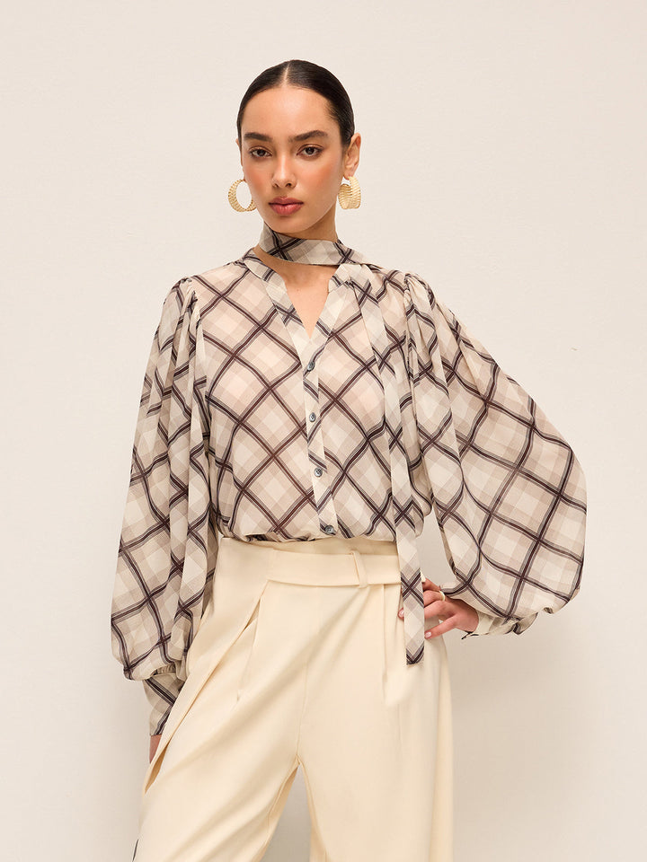 Boyun Bağlama Detaylı Uzun Kollu Ekose Şifon Gömlek