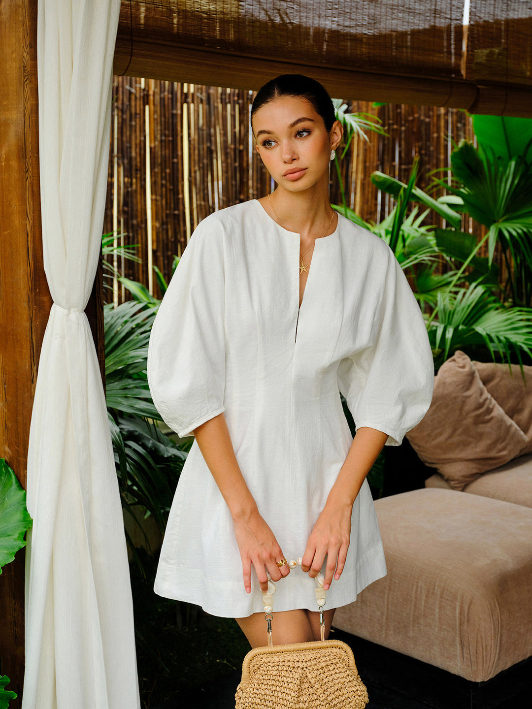 Pamuk-Keten Karışımı V Yaka Puf Kollu Elbise