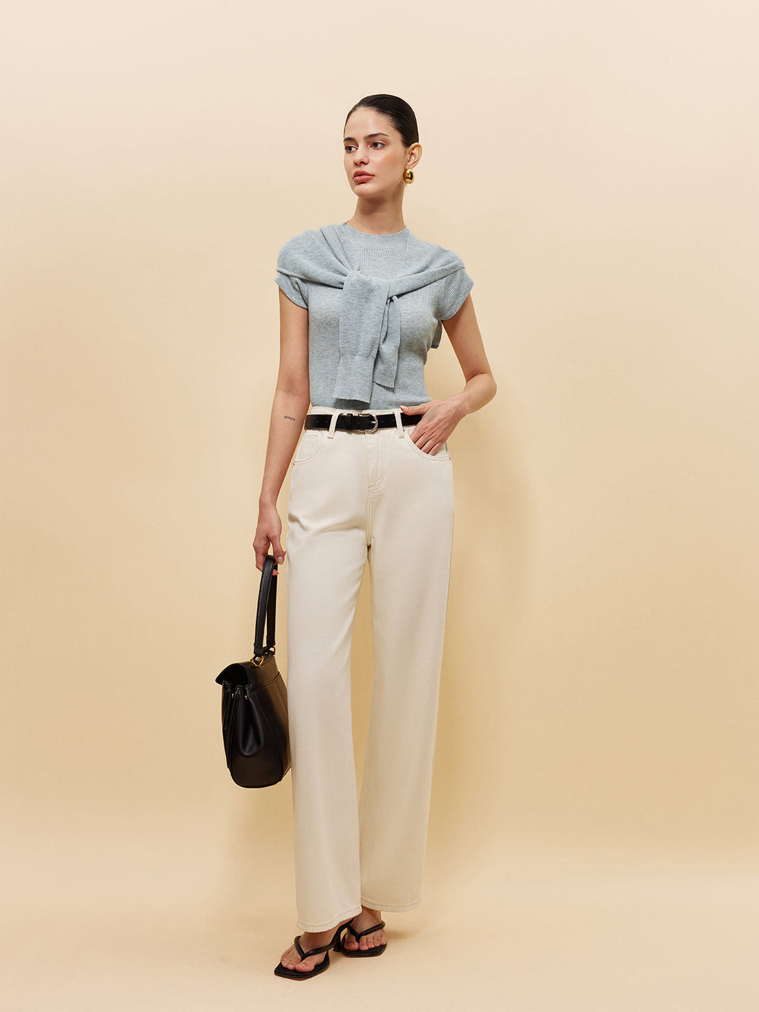 Yün Karışımlı Yünlü Örgü Üst, Bağcıklı Şal Detayı