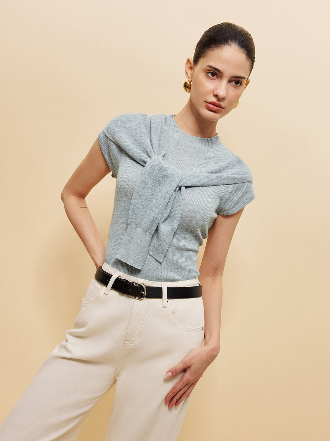 Yün Karışımlı Yünlü Örgü Üst, Bağcıklı Şal Detayı