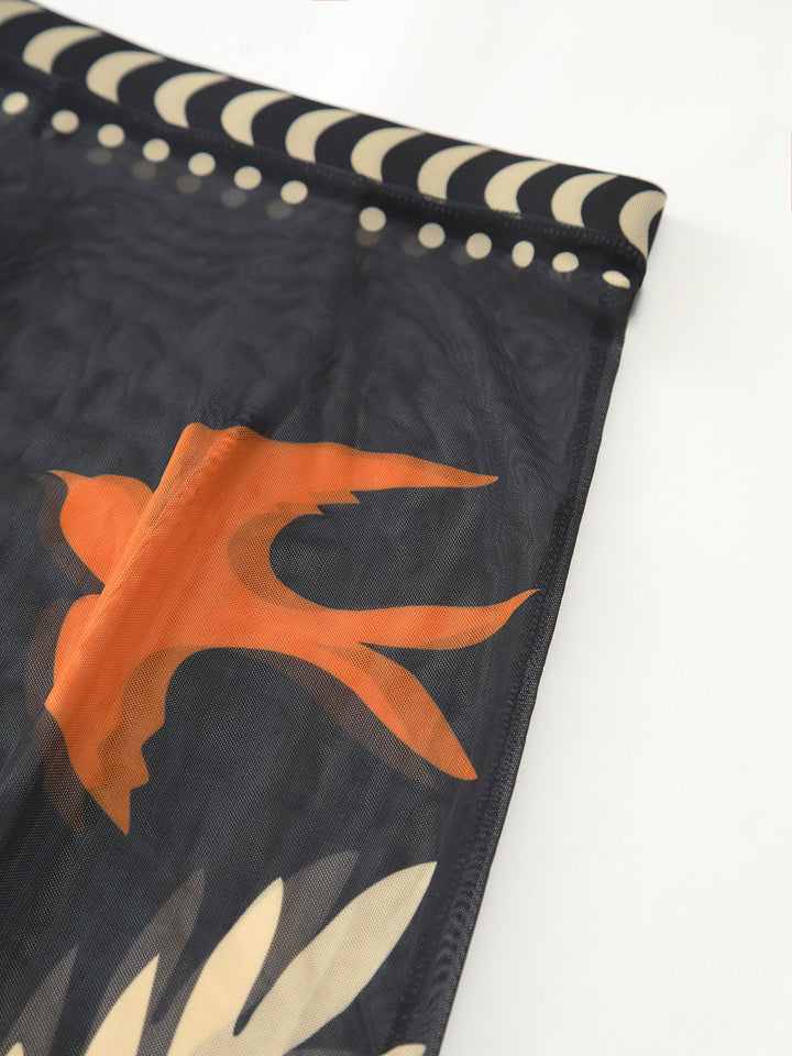 Kuş Desenli File Örtülü Uzun Etek