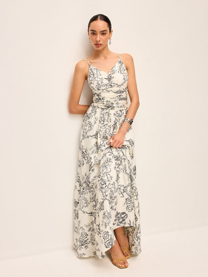 Çiçek Desenli Kıvrımlı Askılı Elbise