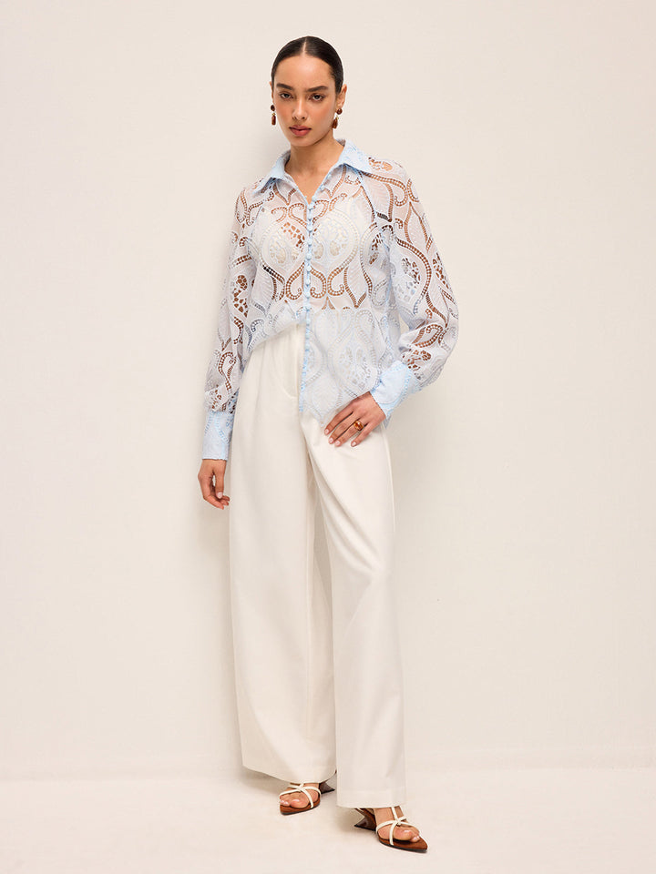 Kumaş Düğmeli Şeffaf Dantel Bluz