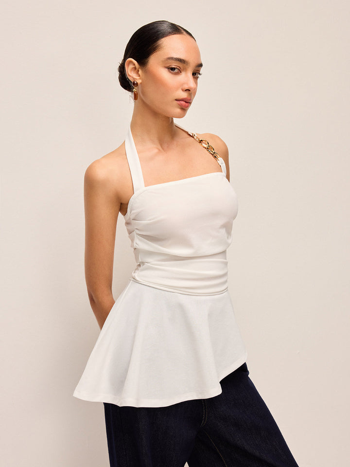 Zincir Detaylı Halter Yaka Peplum Top