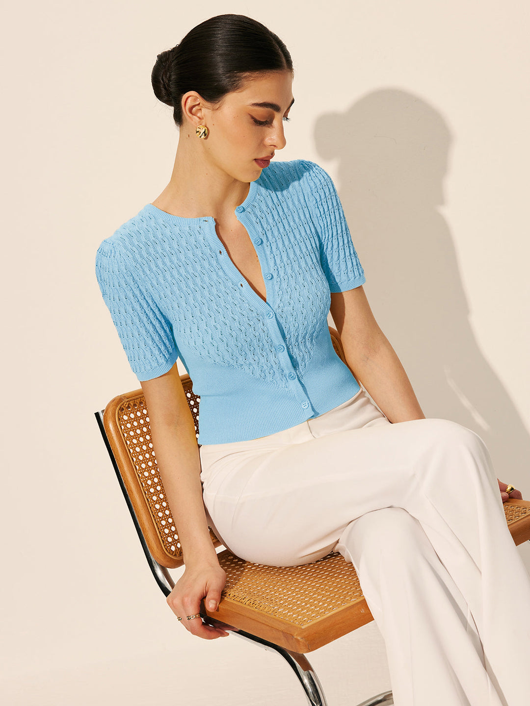 İçi Boş Örgü Düğmeli Üst