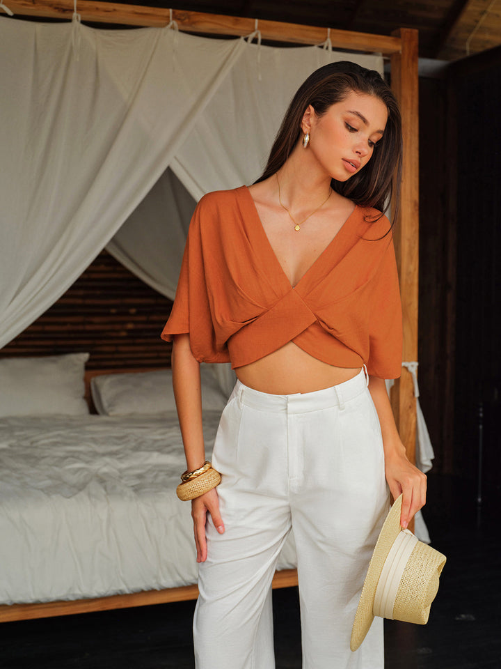 Pamuk Ve Keten Çapraz Ön Bluz