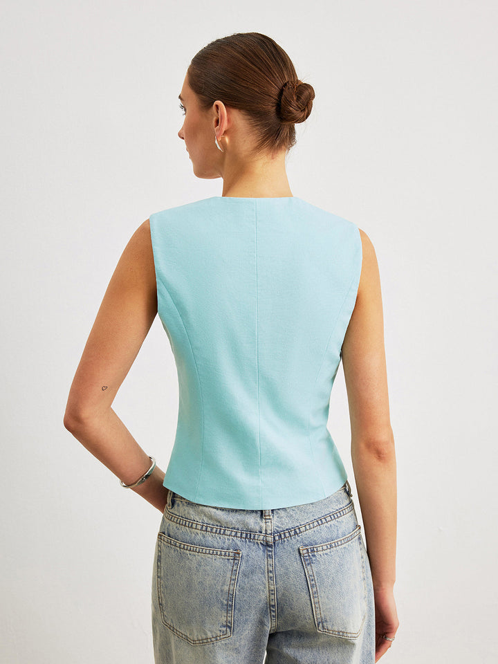 Pamuk Ve Keten Asimetrik Tasarım Kolsuz Yelek