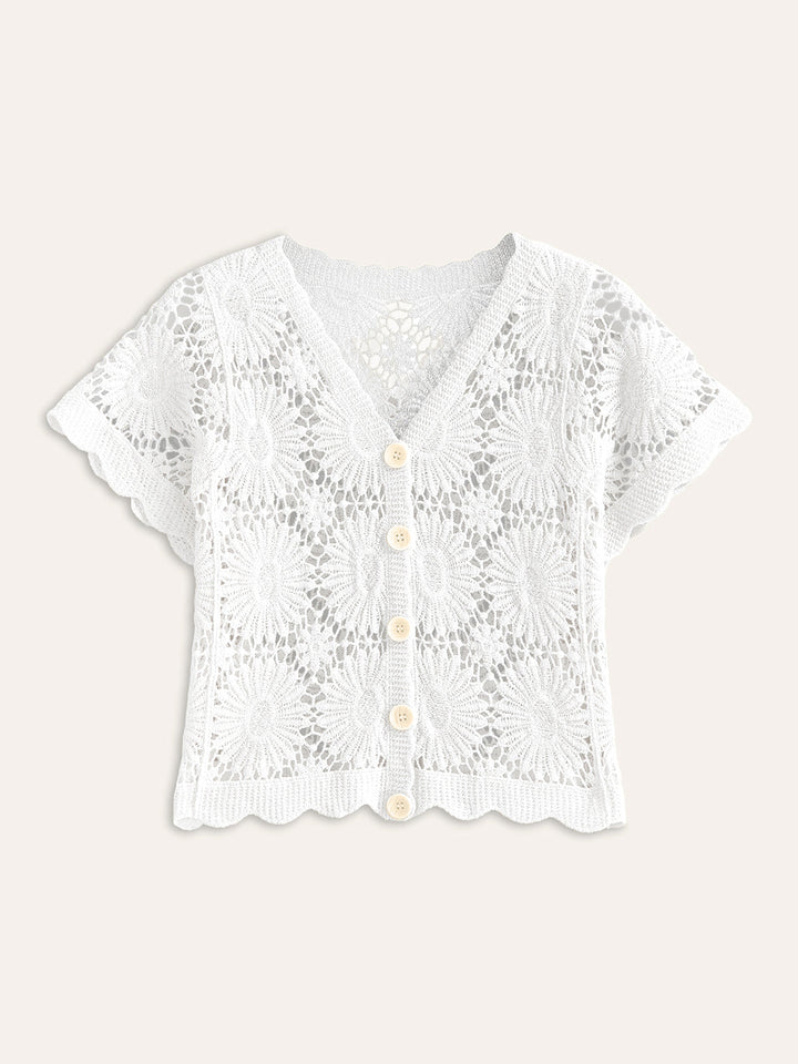 Tığ İşi Çiçekli Düğmeli Ön Hırka