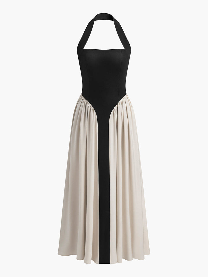 Renk Bloklu Halter Yaka Keten Karışımlı Elbise