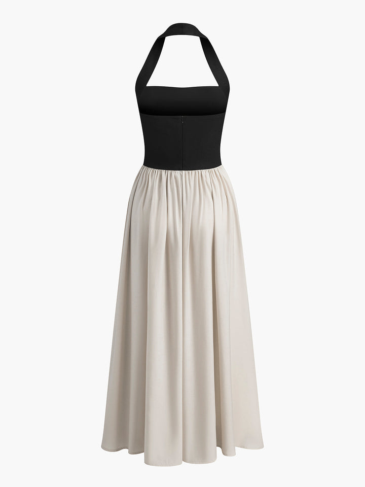 Renk Bloklu Halter Yaka Keten Karışımlı Elbise