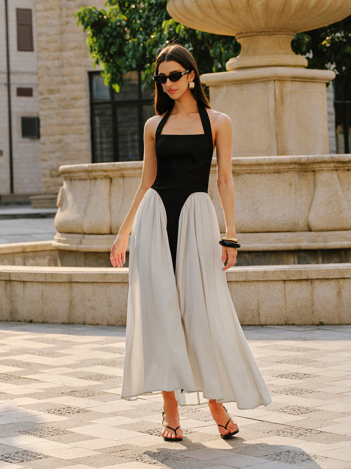 Renk Bloklu Halter Yaka Keten Karışımlı Elbise