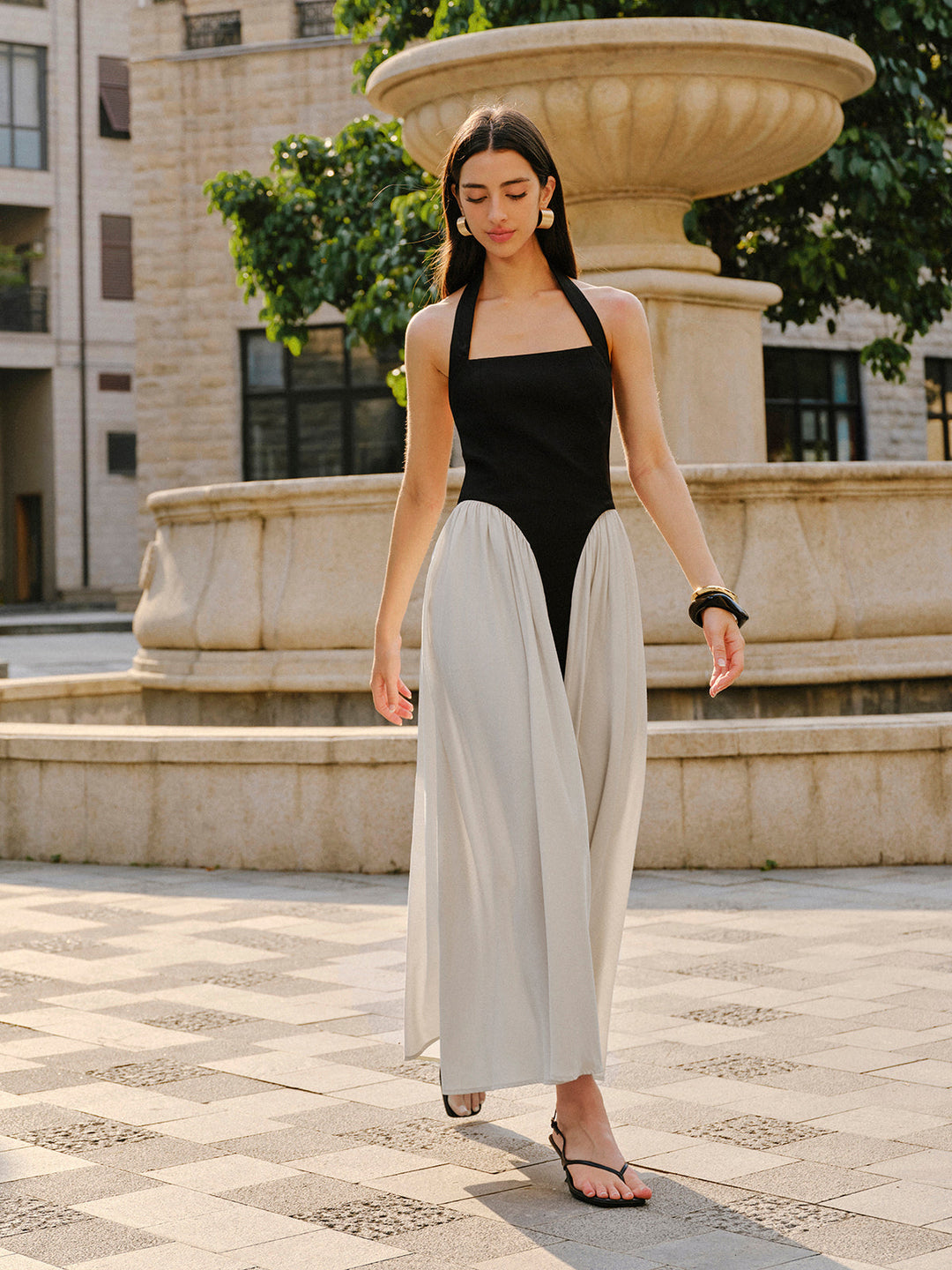 Renk Bloklu Halter Yaka Keten Karışımlı Elbise