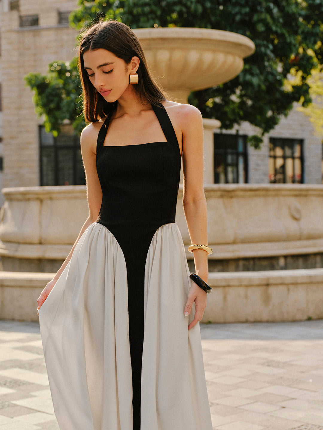 Renk Bloklu Halter Yaka Keten Karışımlı Elbise