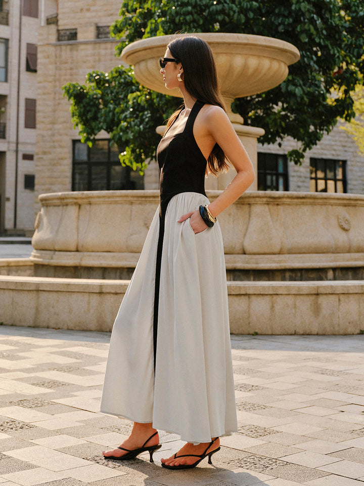 Renk Bloklu Halter Yaka Keten Karışımlı Elbise