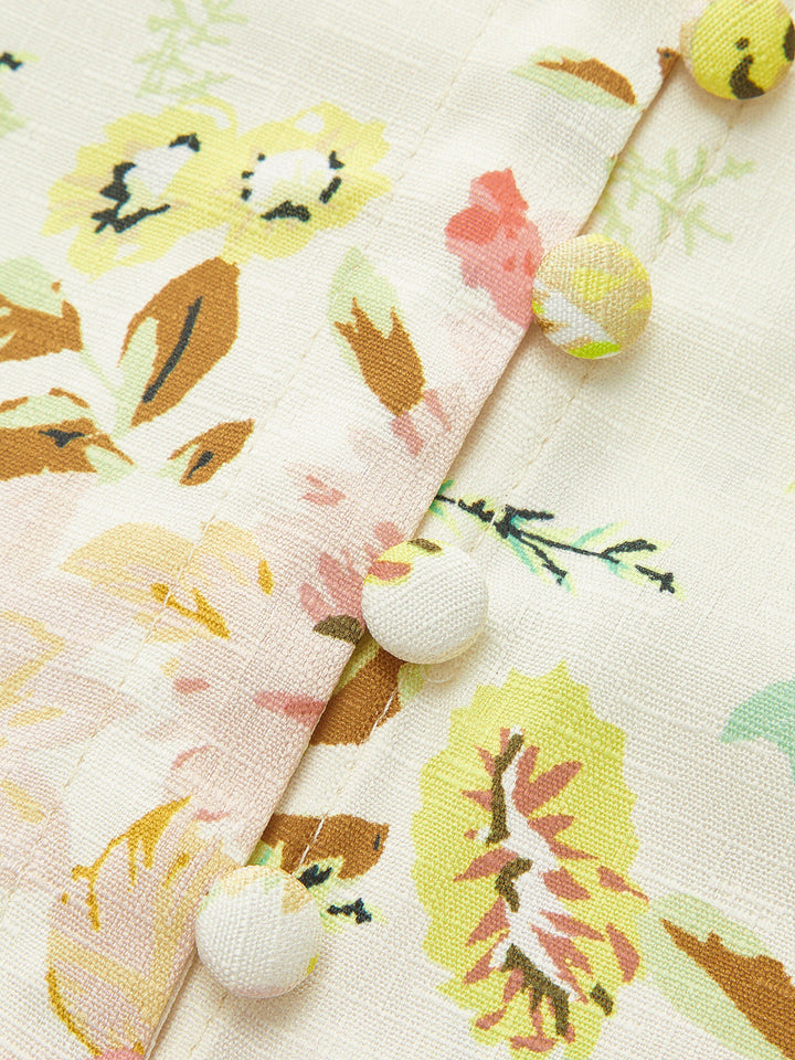 Çiçek Desenli Düğme Detaylı Kemerli Elbise