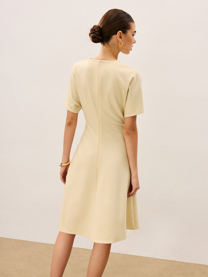 V Yaka Kısa Kollu Midi Elbise